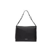 Zwarte leren hobo tas met logovoering Nerogiardini , Black , Dames