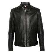 Gestructureerde leren jas met volledige rits Hugo Boss , Black , Heren