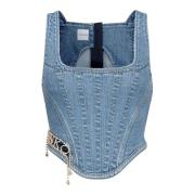 Denim Bustier Top met Rhinestone Logo Pinko , Blue , Dames