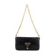 Krokodileffect Zwarte Leren Schoudertas Tom Ford , Black , Dames