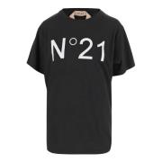 Katoenen T-shirt Ronde Hals Logo Zwart N21 , Black , Dames