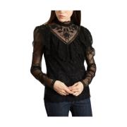 Zwarte kanten top met ruchekraag See by Chloé , Black , Dames