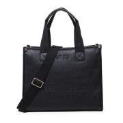 Zwarte Ecoleer Tas met Gemengde Stof Handvatten V73 , Black , Dames