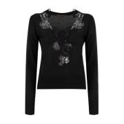 Bloemen Kant V-Hals Gebreide Trui Ermanno Scervino , Black , Dames