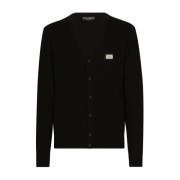 Zwarte V-hals Cardigan met Logo Plaque Dolce & Gabbana , Black , Heren