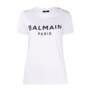 Logo-Print Button-Embellished T-Shirt Balmain , Black , Dames