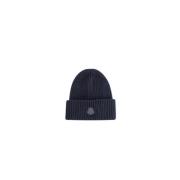 Navy Blue Cashmere Hat Leather Logo Moncler , Blue , Heren