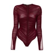 Rode Gerimpelde Bodysuit met Gedrapeerde Details Mugler , Red , Dames