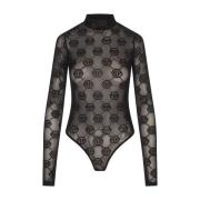 Zwarte Tule Bodysuit Top met Monogram Philipp Plein , Black , Dames