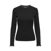 Kanten Mix Top in Zwart Only , Black , Dames