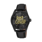 Zwarte heren leren mode horloge Just Cavalli , Black , Heren