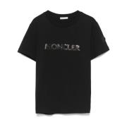 Zwarte Kristalversierde Crew Neck T-shirt Moncler , Black , Dames