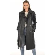 Elegante Zwarte Leren Trenchcoat La Canadienne , Black , Dames