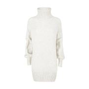 Geruite Geribbelde Coltrui Jurk YES ZEE , White , Dames