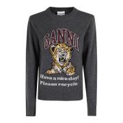 Tijger Grafische Wol Crewneck Trui Ganni , Gray , Dames