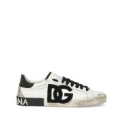 Platte Leren Schoenen met Logodetail Dolce & Gabbana , White , Heren