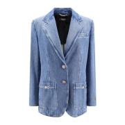 Blauwe Denim Blazer met Medusa Knopen Versace , Blue , Dames