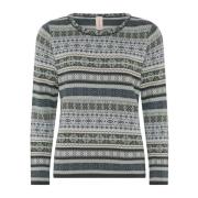 Jaquard Pullover Blouse met O-Neck Skovhuus , Green , Dames