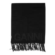 Fringe Wollen Sjaal met Logodetail Ganni , Black , Dames