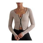 Zijdezachte Geribbelde Cardigan met Tweewegrits Aim'n , Beige , Dames