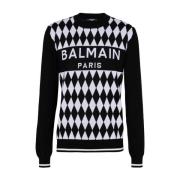 Zwarte Diamantpatroon Wollen Trui Balmain , Black , Heren