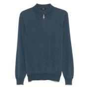 Wol Zijde Polo Half Zip Shirt Barba , Blue , Heren