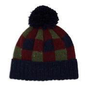 Unisex blauwe muts met omslag, pompon en schaakbordmotief Gallo , Mult...