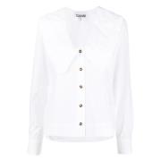 Blouse met gerimpelde kraag en knoopdetails Ganni , White , Dames