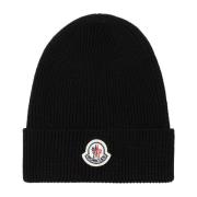 Zwarte Geribbelde Gebreide Beanie Hoed Moncler , Black , Heren