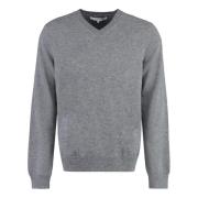 Geribbelde Wol V-Hals Trui Comme des Garçons , Gray , Heren