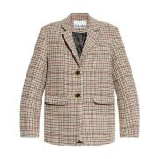 Houndstooth Wollen Jas Ganni , Brown , Dames