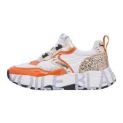 Leather and fabric sneakers Club105. Voile Blanche , Orange , Dames