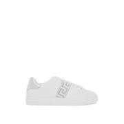 Geborduurde Grieks Patroon Eco-Leren Sneakers Versace , White , Heren