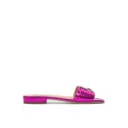 Roze Leren Platte Sandalen Elegante Stijl Sergio Rossi , Pink , Dames