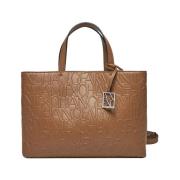 Bruine Leren Shopper Tas met Gouden Details Armani Exchange , Brown , ...