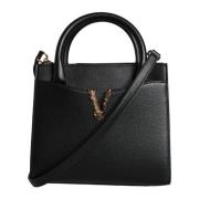 Zwarte leren crossbodytas met verstelbare band Versace , Black , Dames