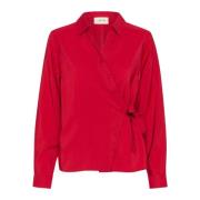 Rode Asymmetrische V-Hals Blouse Cream , Red , Dames