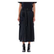 Zwarte Geplooide Midi Rok met Riem Sacai , Black , Dames