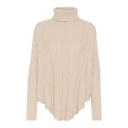 Gebreide Poncho met Rolhals Patroon Cream , Beige , Dames