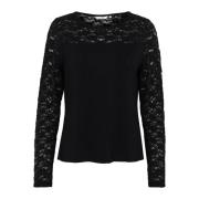 Vrouwelijke Kant Blouse Top in Pitch Black Cream , Black , Dames