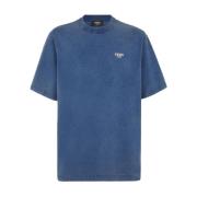 Blauw Katoenen T-shirt met Metalen Letters Fendi , Blue , Heren