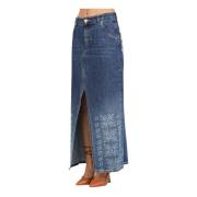 Blauwe Denim Lange Rok met Franjes Akep , Blue , Dames