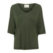 Groene Gebreide Blouse met V-hals Cream , Green , Dames