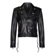 Zwarte leren bikerjas Aw24 Balmain , Black , Heren