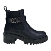 Zwarte leren enkellaars met logodetail Icon Denim , Black , Dames