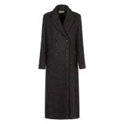 Herringbone Tweed Double-Breasted Coat Paltò , Gray , Dames