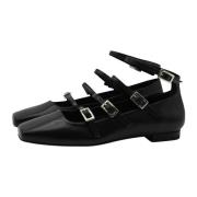 Zwarte leren band ballerina schoenen Alohas , Black , Dames