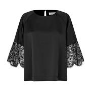 Zwarte Geborduurde Top met 3/4 Mouwen Masai , Black , Dames