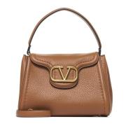 Amandel-tone Leren Handtas met VLogo Valentino Garavani , Brown , Dame...