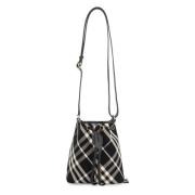 Mini Check Bucket Tas met Leren Details Burberry , Black , Dames